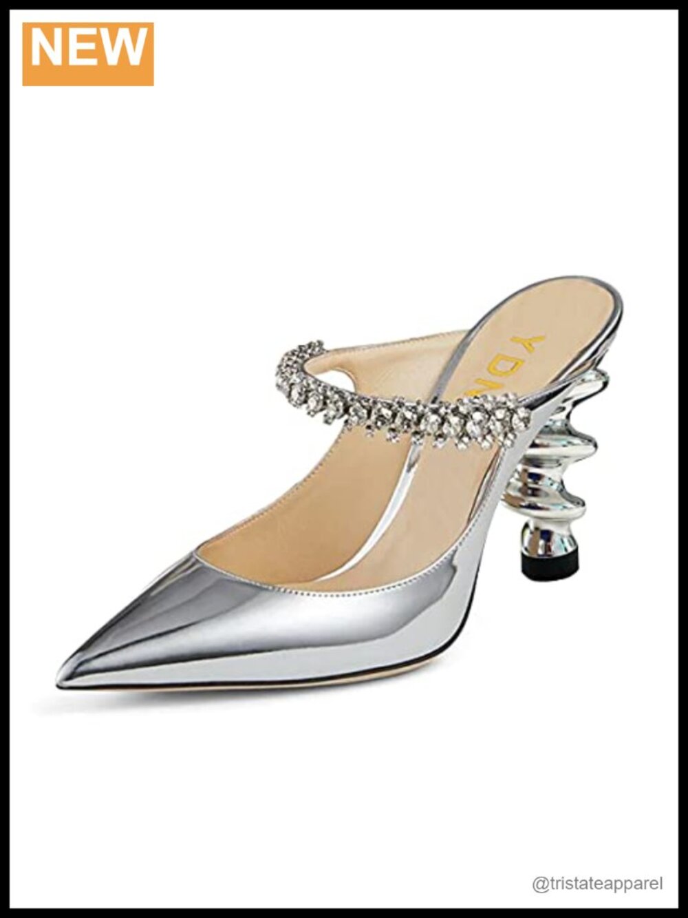Metallic Spiral Heels Slip On Sandals Rhinestone Strap Pointed Toe Mules Party